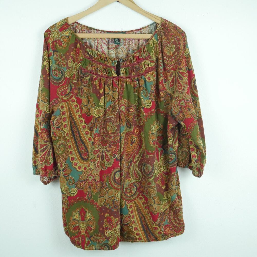 Ralph Lauren 1X Top Paisley Fall Cotton Jersey Popover Preppy Green Red Peasant
